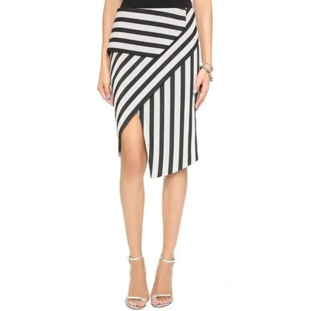 Mason Womens 2 Asymmetrical Skirt Black Taupe Striped Modern Design Maximalist